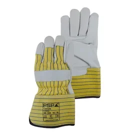 PSP Canadian Reinforced Cowhide Work Gloves Yellow/Blue - Molton Lined & Thumb/Palm Reinforcement, Size 10 PSP Canadian Werkhandschoen Rundleer Versterkt Geel/Blauw – Molton Gevoerd & Duim-/Palmversteviging, Maat 10